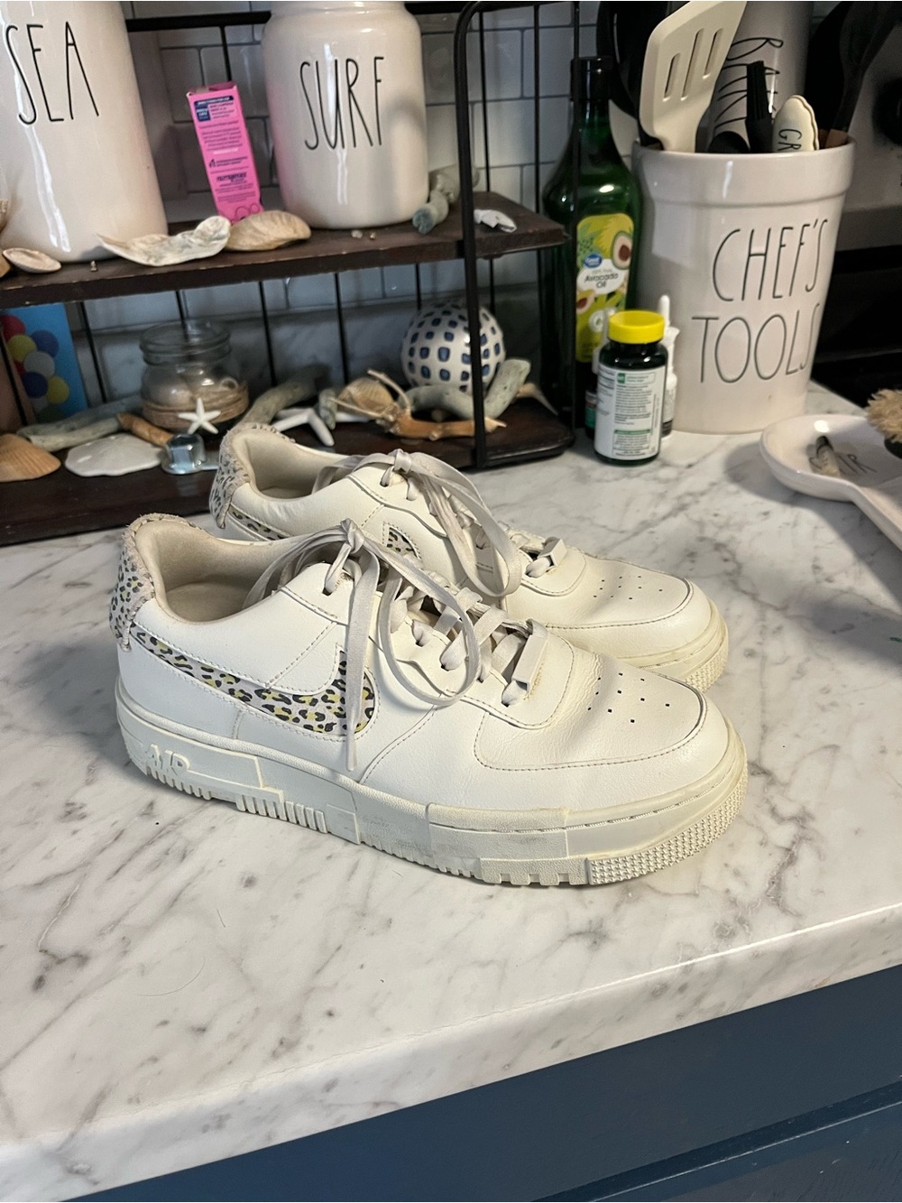 Nike White Platform Sneakers with Leopard-Print Swoosh Womens 10